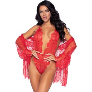 Leg Avenue Floral Lace Teddy & Robe 3 Piezas
