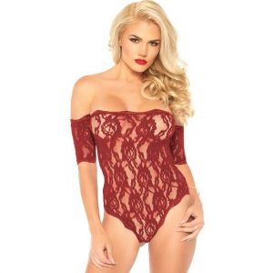 Body de Encaje Floral con Escote Palabra de Honor y Mangas Elásticas